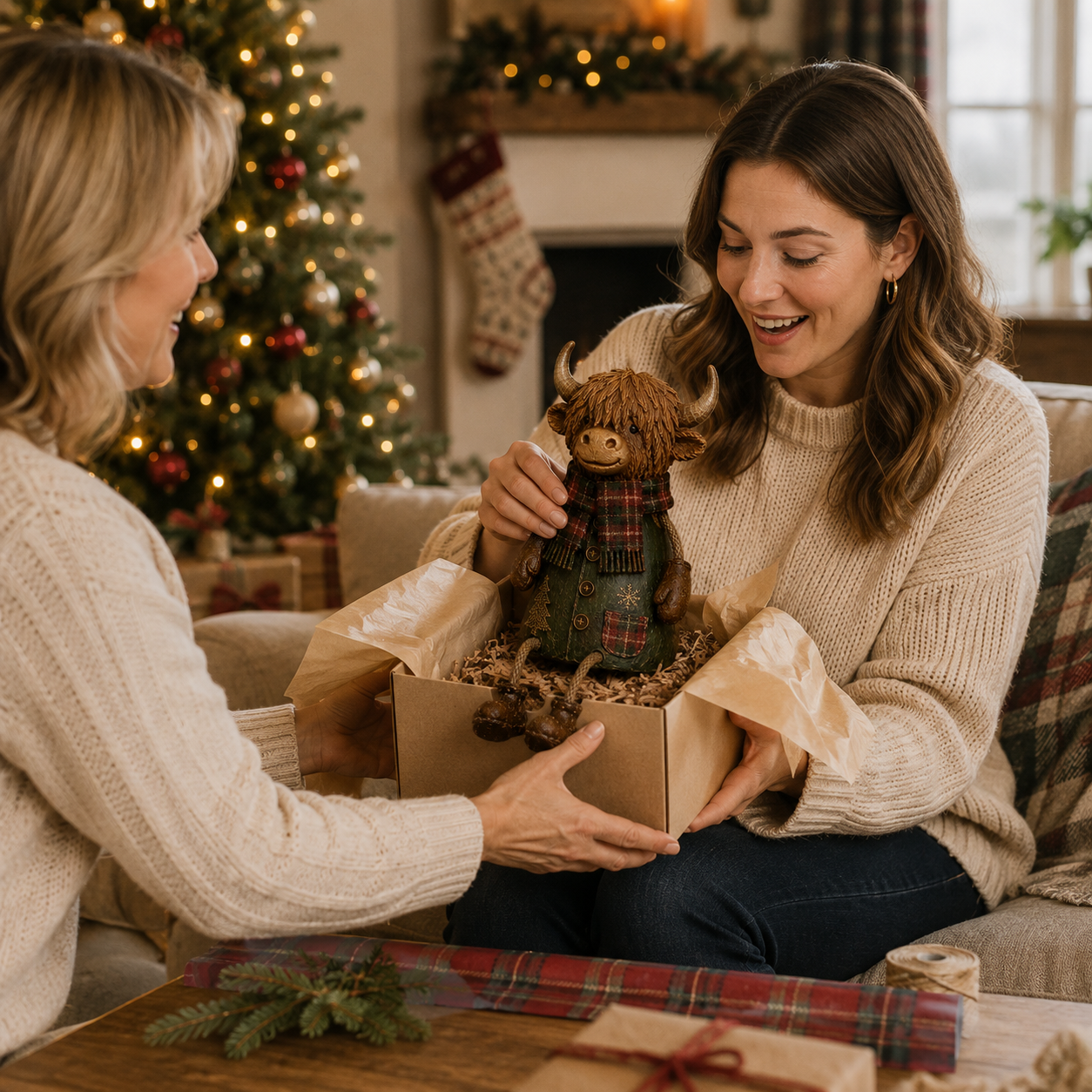 Festlicher Regalfigur „Highland Cow“ – Rustikale Weihnachtsdekoration für zu Hause