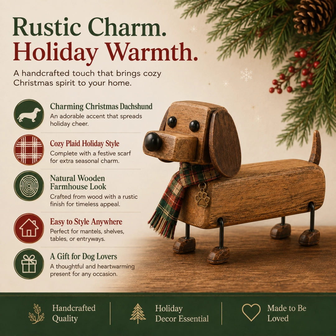 🎄 Weihnachtsfigur aus Holz in Form eines Dackels 🐶 Festliche Hundedekoration mit Schal