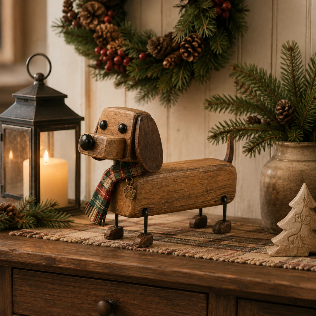 🎄 Weihnachtsfigur aus Holz in Form eines Dackels 🐶 Festliche Hundedekoration mit Schal