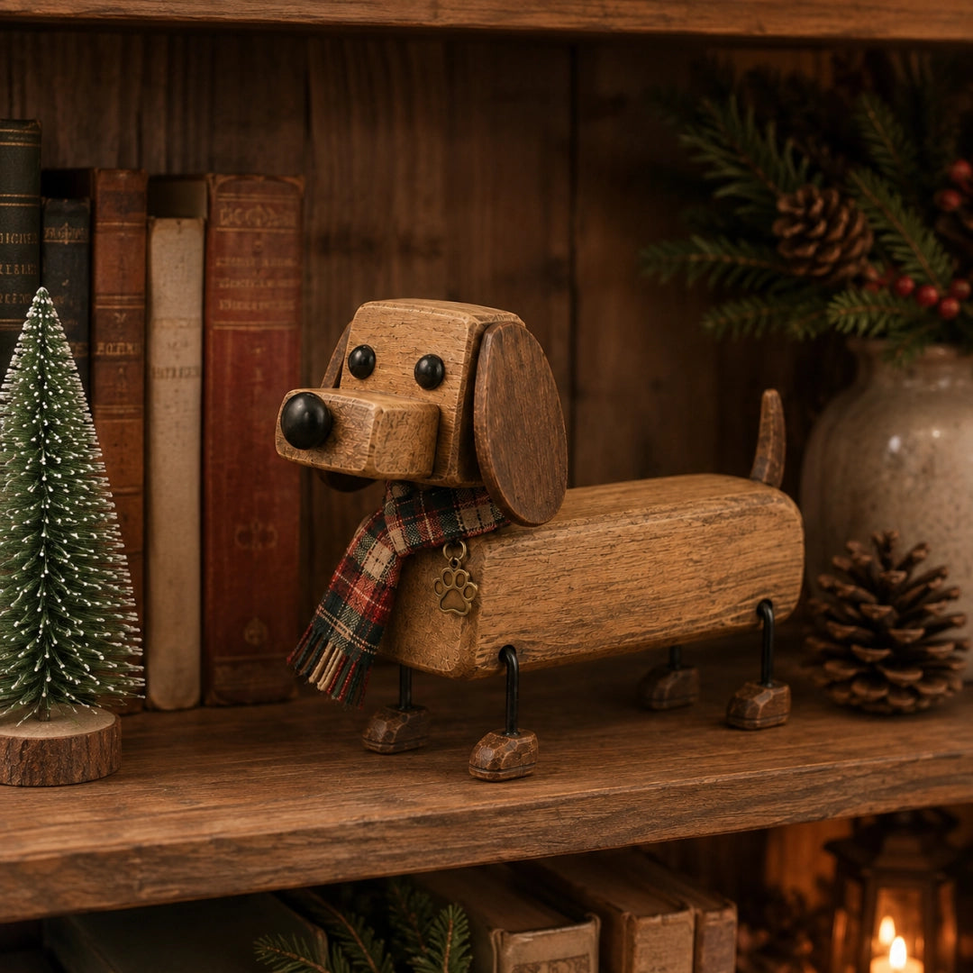 🎄 Weihnachtsfigur aus Holz in Form eines Dackels 🐶 Festliche Hundedekoration mit Schal