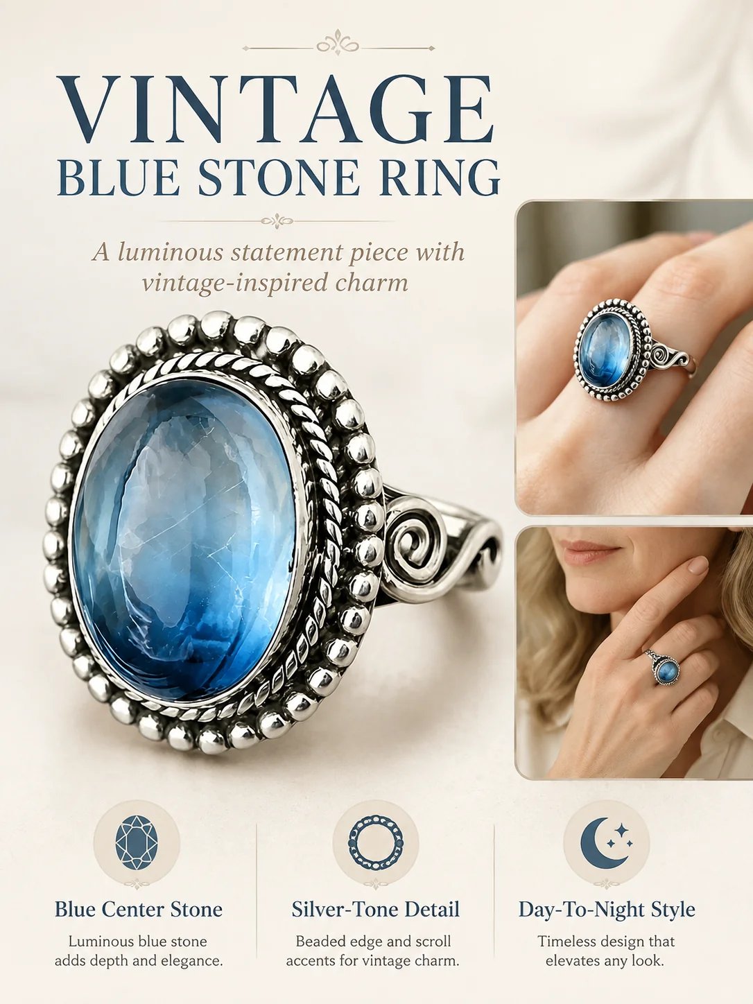 ✨ Zeitloser, schöner Ring aus Sterlingsilber im Vintage-Stil mit ovalem Mondstein