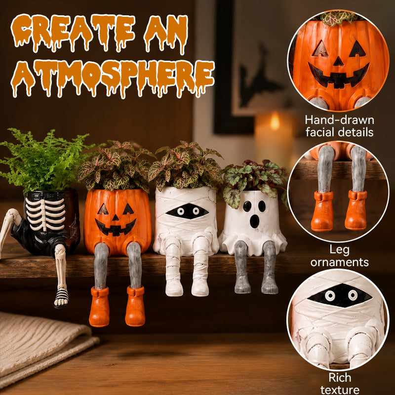 Halloween-Blumentöpfe in Form von Figuren mit herunterhängenden Beinen