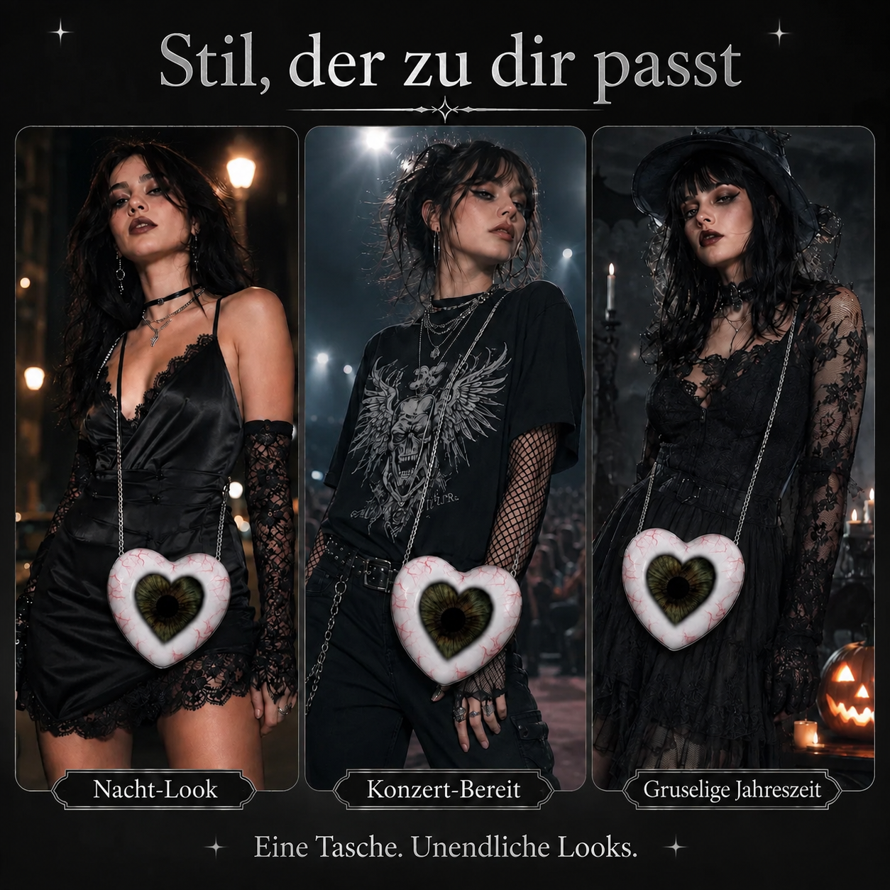 Gothic-Herz-Augen-Tasche kombiniert mit einem alternativen Outfit