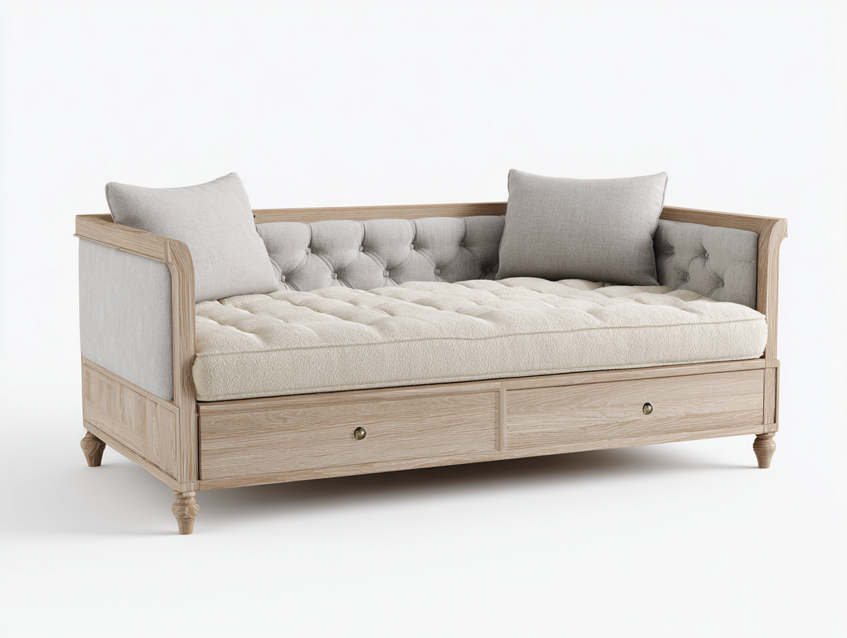 Divano letto - legno-tessuto - 208x96x79 cm - rovere chiaro-grigio-beige - stile classico-Lidoriadecor