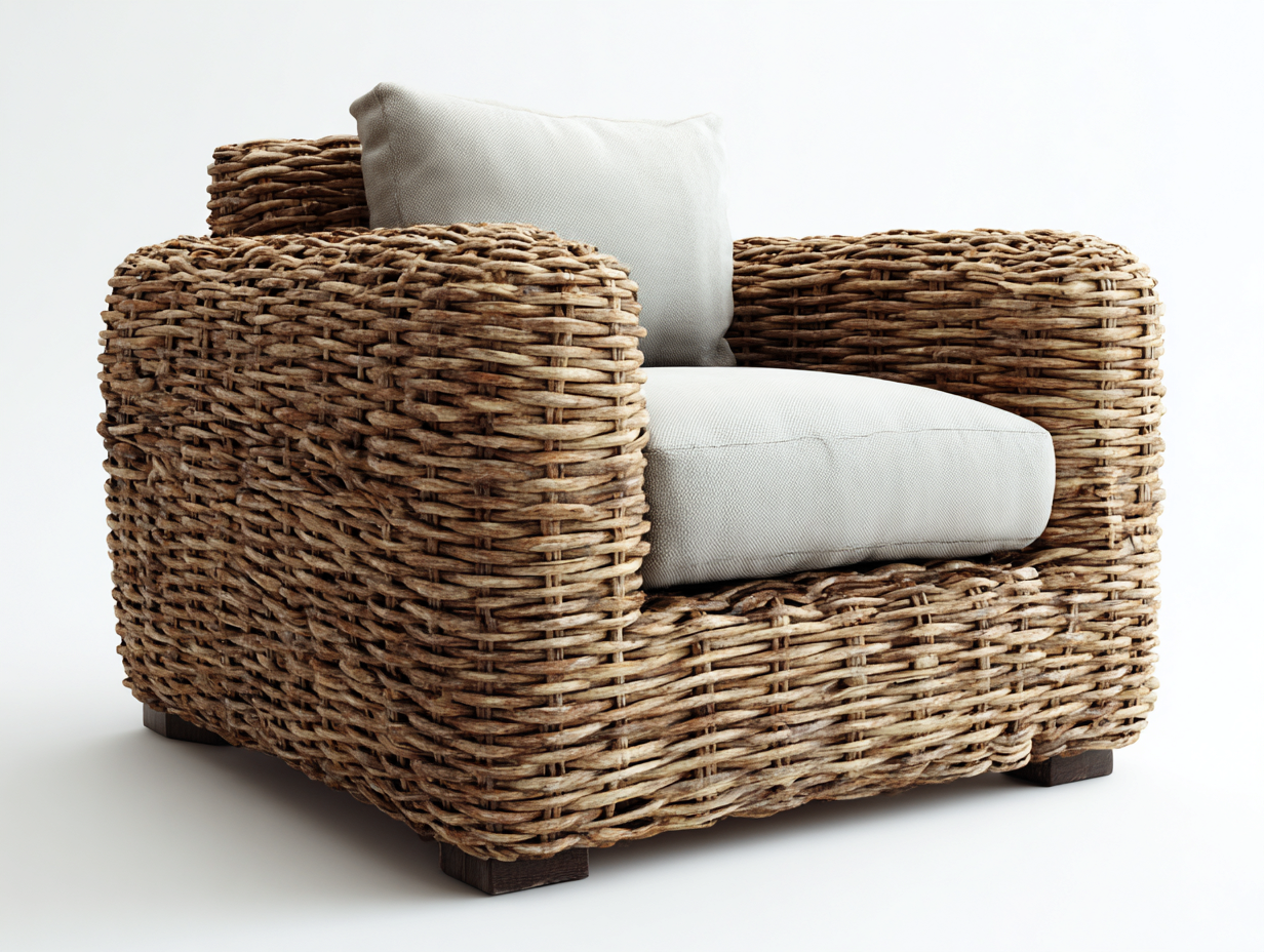 Poltrona da giardino - Vimini-legno-tessuto - 111x94x77 cm - Naturale-Avorio - Country-Lidoriadecor