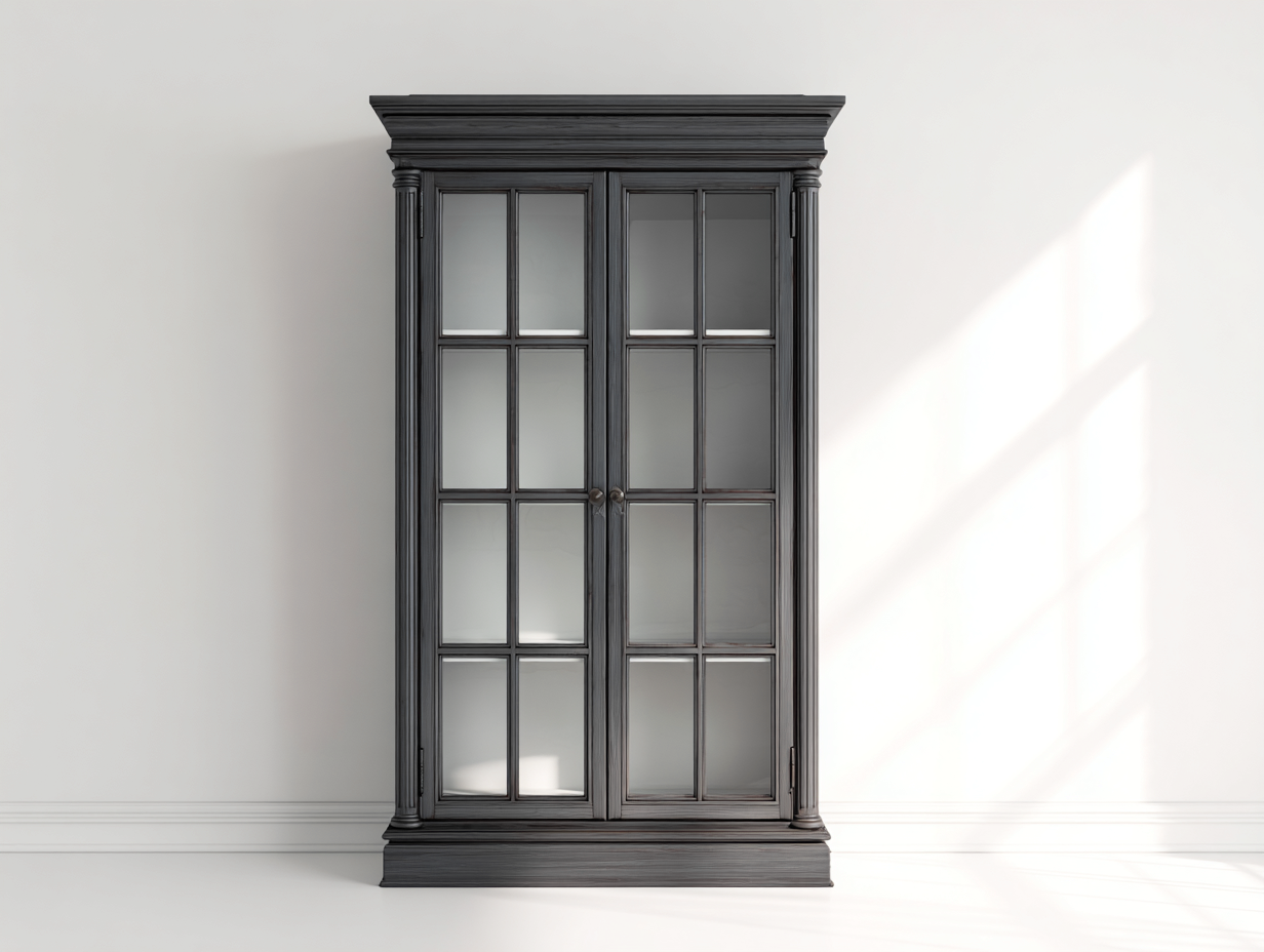 Vetrina-legno-vetro-metallo-126x43x198 cm-grigio carbone-stile classico-Lidoriadecor