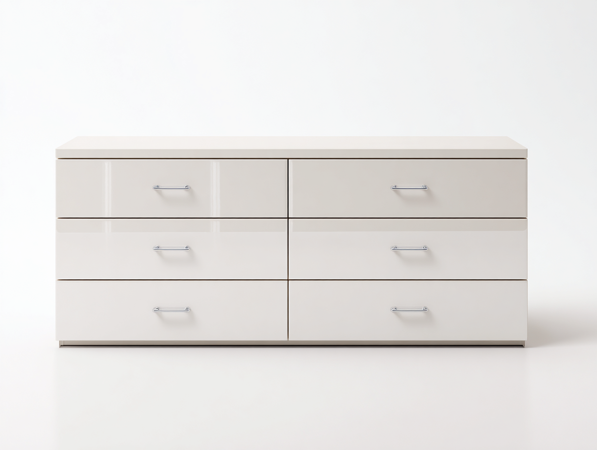 Cassettiera - Legno ingegnerizzato-Metallo - 138x44x73 cm - Bianco lucido-Argento - Stile moderno essenziale-Namilyabode