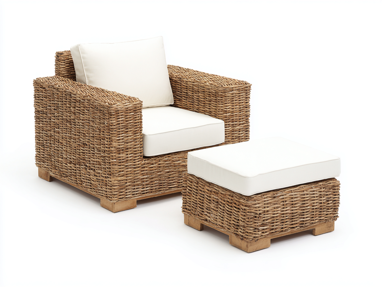 Poltrona da giardino - Rattan-tessuto-legno - 93x87x81 cm - Naturale-Bianco - Rustico moderno-Namilyabode