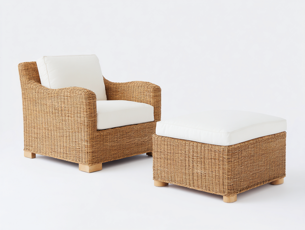 Poltrona da giardino - Rattan-tessuto-legno - 93x85x84 cm - Naturale chiaro-Bianco - Costiero contemporaneo-Namilyabode