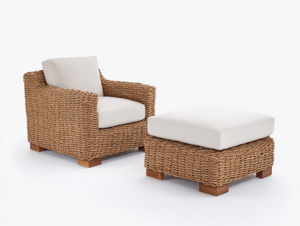 Poltrona da giardino - Rattan-tessuto-legno - 96x89x82 cm - Naturale-Bianco - Rustico contemporaneo-Namilyabode