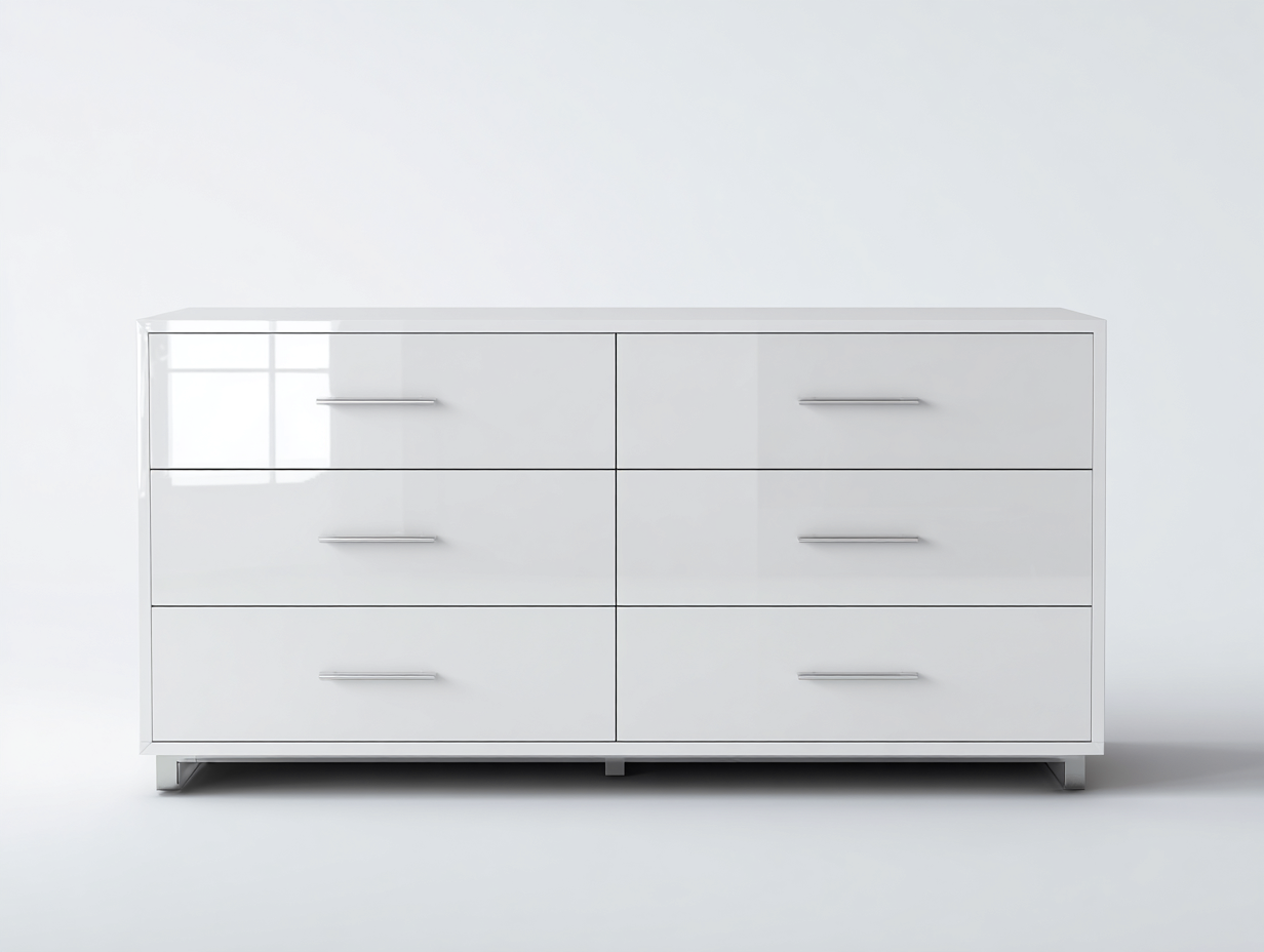Cassettiera - Legno ingegnerizzato-Metallo - 130x44x76 cm - Bianco lucido-Argento - Stile moderno-Namilyabode