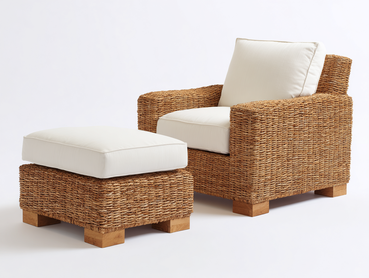 Poltrona da giardino - Rattan-tessuto-legno - 92x86x82 cm - Naturale-Bianco - Rustico moderno-Namilyabode