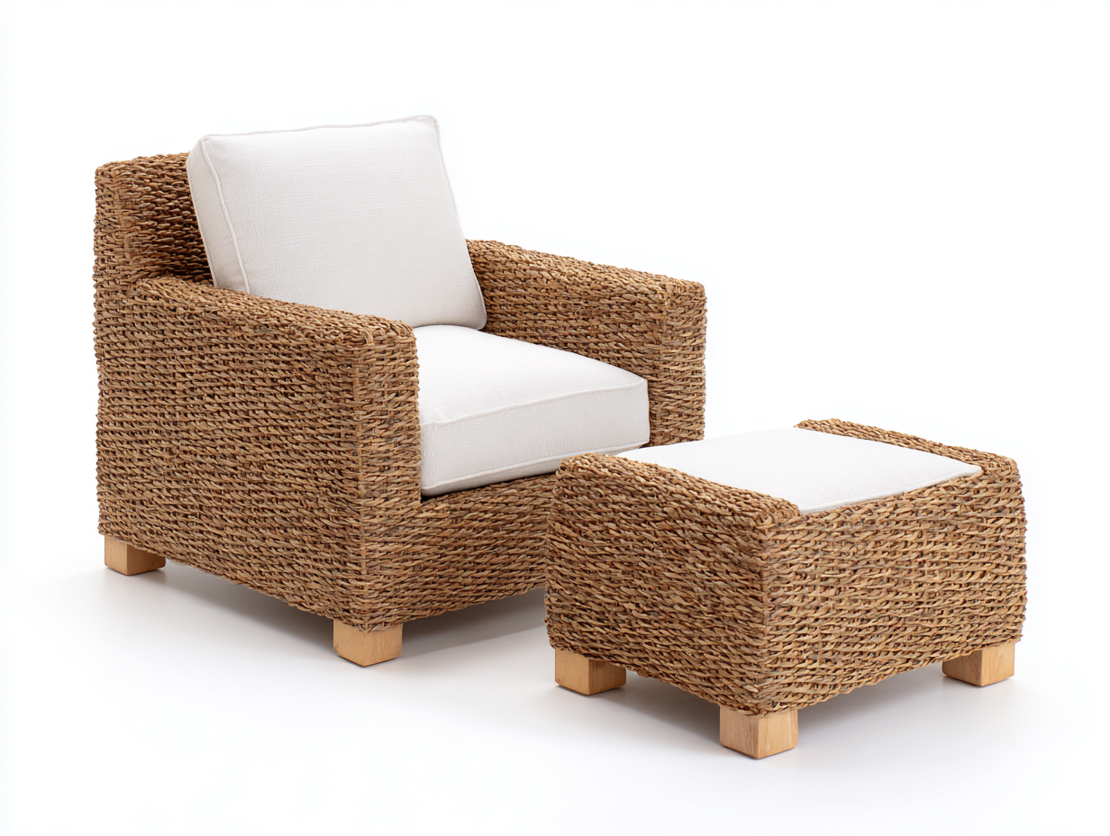 Poltrona da giardino - Rattan-tessuto-legno - 91x85x84 cm - Naturale-Bianco - Rustico moderno-Namilyabode