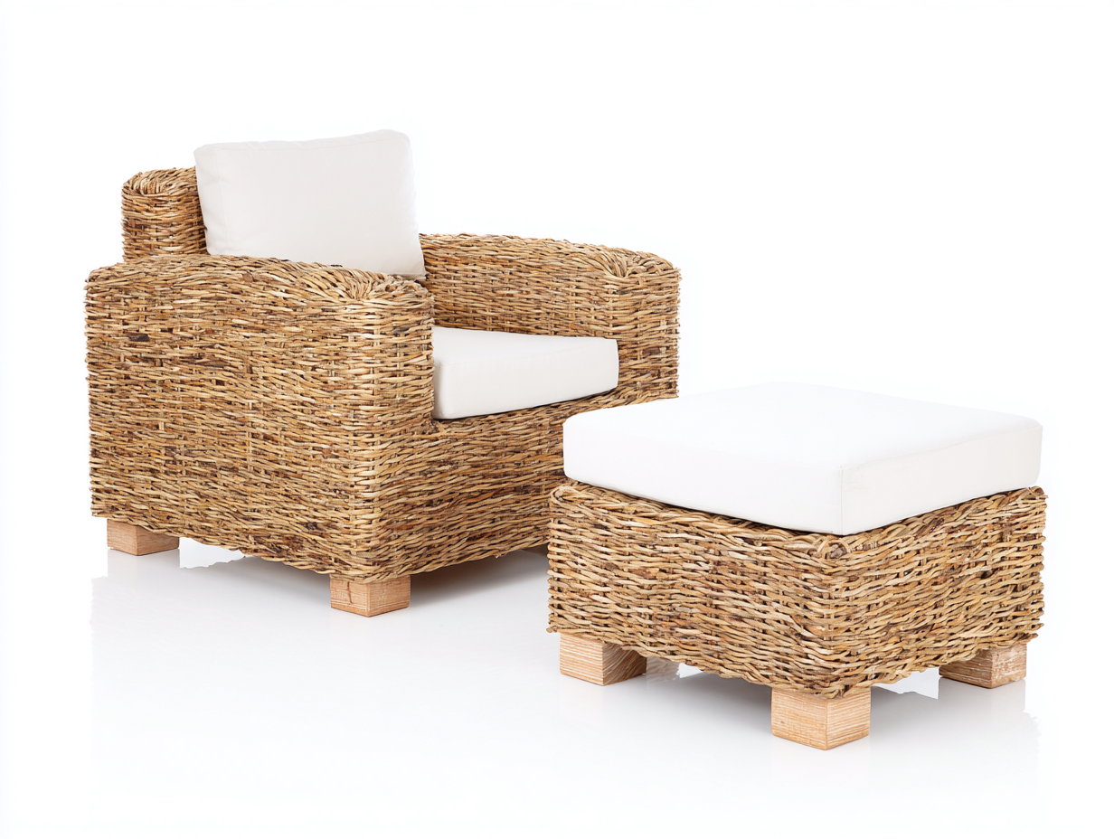 Poltrona da giardino - Rattan-tessuto-legno - 95x87x81 cm - Naturale chiaro-Bianco - Mediterraneo moderno-Namilyabode