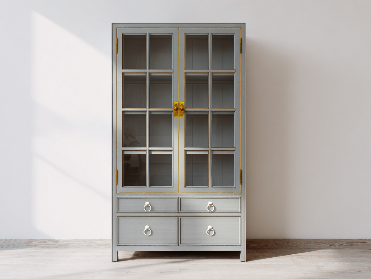 Vitrinen - MDF Glas und Metall 90x38x180 cm - Grau-Gold - Klassisch mit 2 Glastüren und 4 Schubladen-Votaiocasa