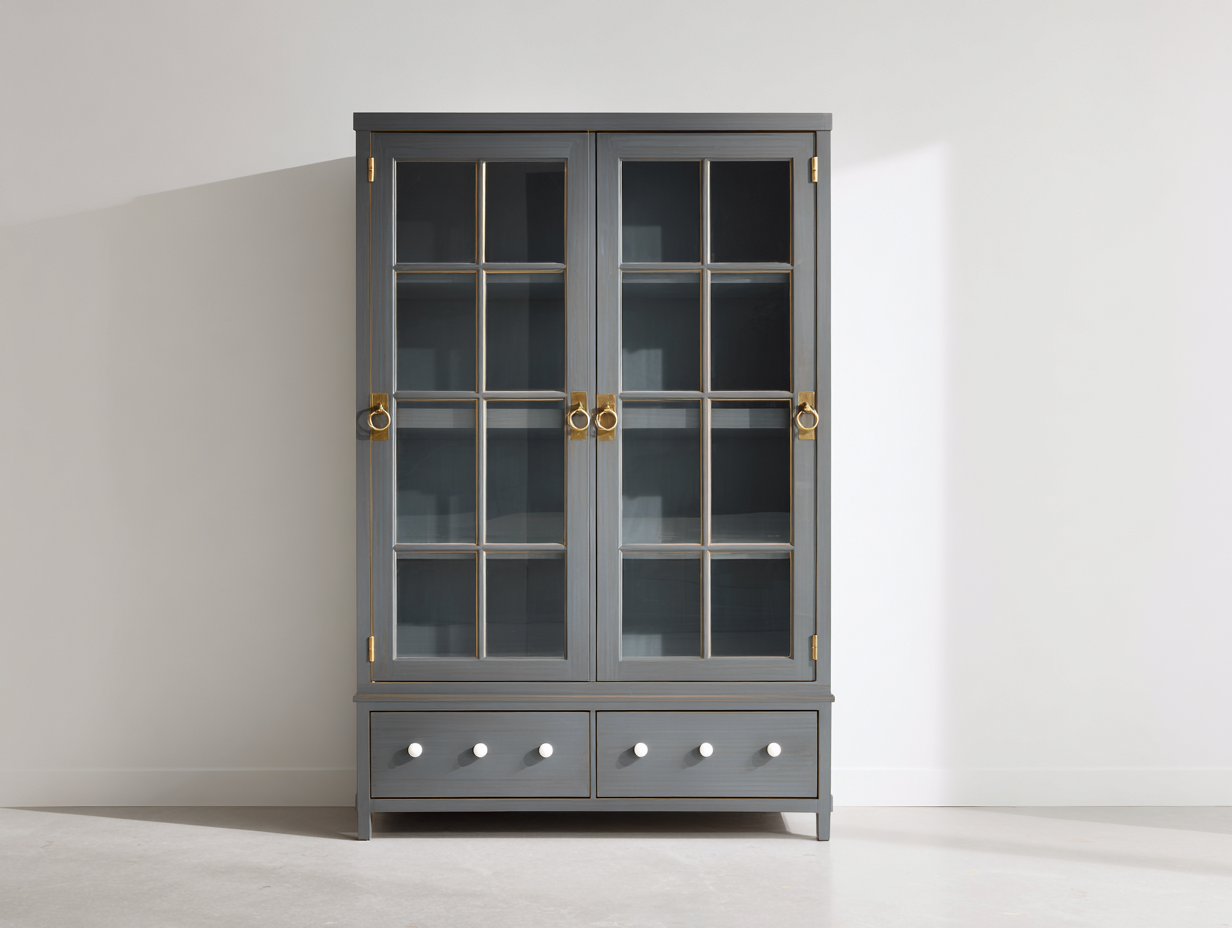 Vitrinen Holzwerkstoff Glas 105x42x175 cm - grau-goldfarben - Landhausstil mit 2 Glastüren und 2 Schubladen-Votaiocasa