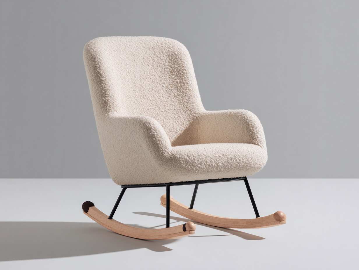 Schaukelstühle Bouclé-Stoff 95x70x98 cm - Cremeweiß-Naturholz - modernes Design-Votaiocasa