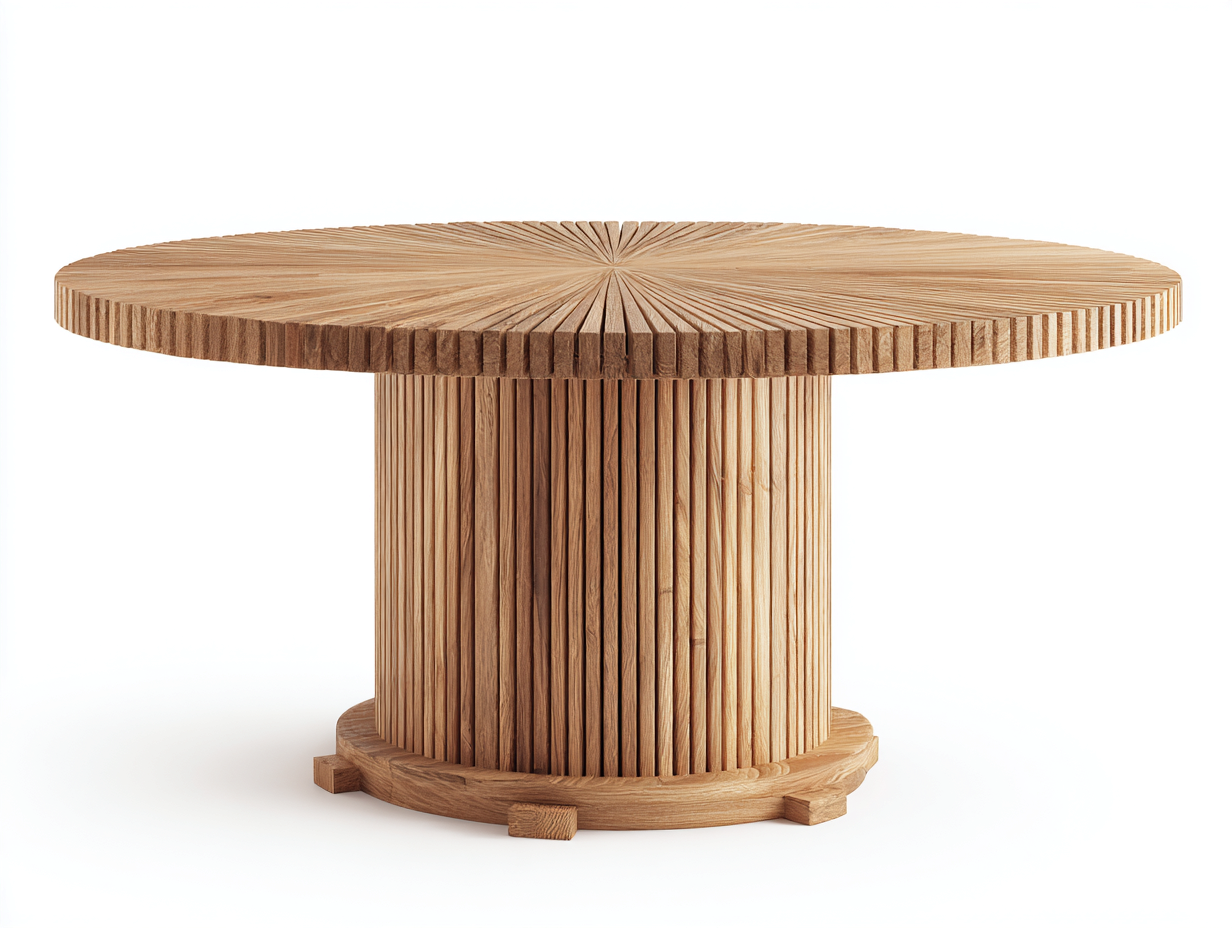 Gartentisch aus Holz 120 x 120 x 75 cm - Naturfarben - Rundes Rillendesign mit Säulenfuß für Terrasse und Garten-Votaiocasa