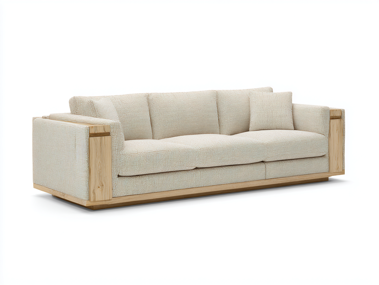 3 Sitzer Sofas Webstoff Holz 240x90x78 cm - Beige-Naturholz - für Wohnzimmer mit breiten Armlehnen-Votaiocasa