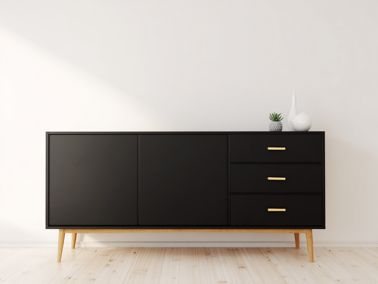 Dielenschränke Holzwerkstoff 180x40x78 cm - Schwarz-Naturholz-Gold - modern mit 2 Türen und 3 Schubladen-Talinranest