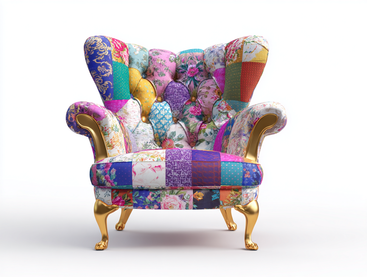 Sessel aus Stoff und Holz 88 x 92 x 108 cm - Mehrfarbig-Gold - Patchworkdesign mit hoher Rückenlehne für das Wohnzimmer-Talinranest