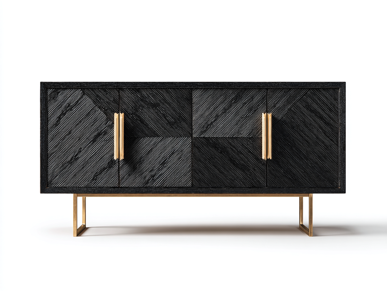 Dielenschränke aus Holzwerkstoff und Metall 180 x 40 x 85 cm - Schwarz-Gold - Viertüriges Strukturdesign für den Flur-Talinranest
