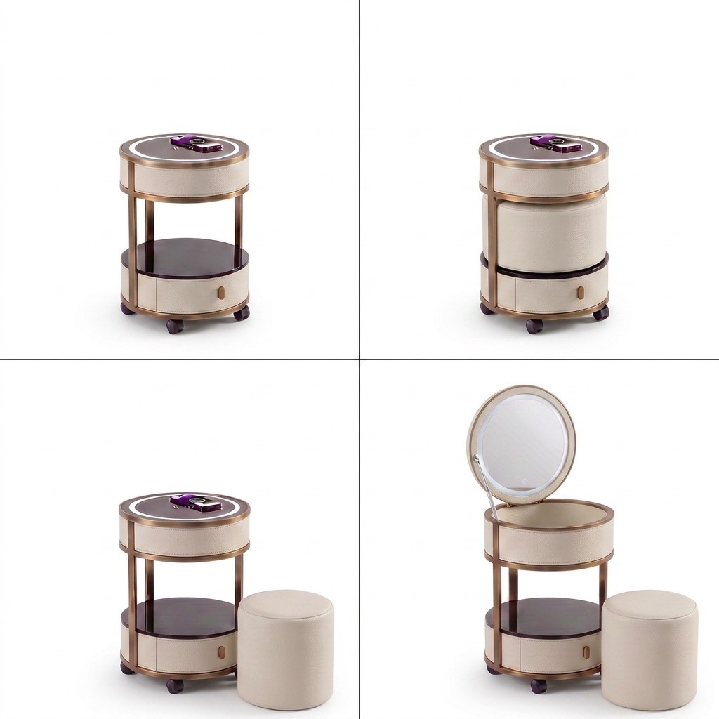 Jingshanbaisui Modern Apartment Hotel Bedroom Makeup Vanity Table LED 3-Color Lighted Mirror Wireless Charging Storage Drawers Universal Wheels