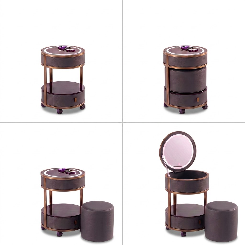 Jingshanbaisui Modern Apartment Hotel Bedroom Makeup Vanity Table LED 3-Color Lighted Mirror Wireless Charging Storage Drawers Universal Wheels