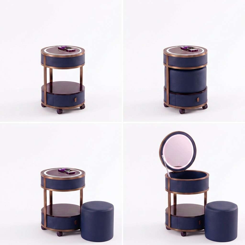 Jingshanbaisui Modern Apartment Hotel Bedroom Makeup Vanity Table LED 3-Color Lighted Mirror Wireless Charging Storage Drawers Universal Wheels
