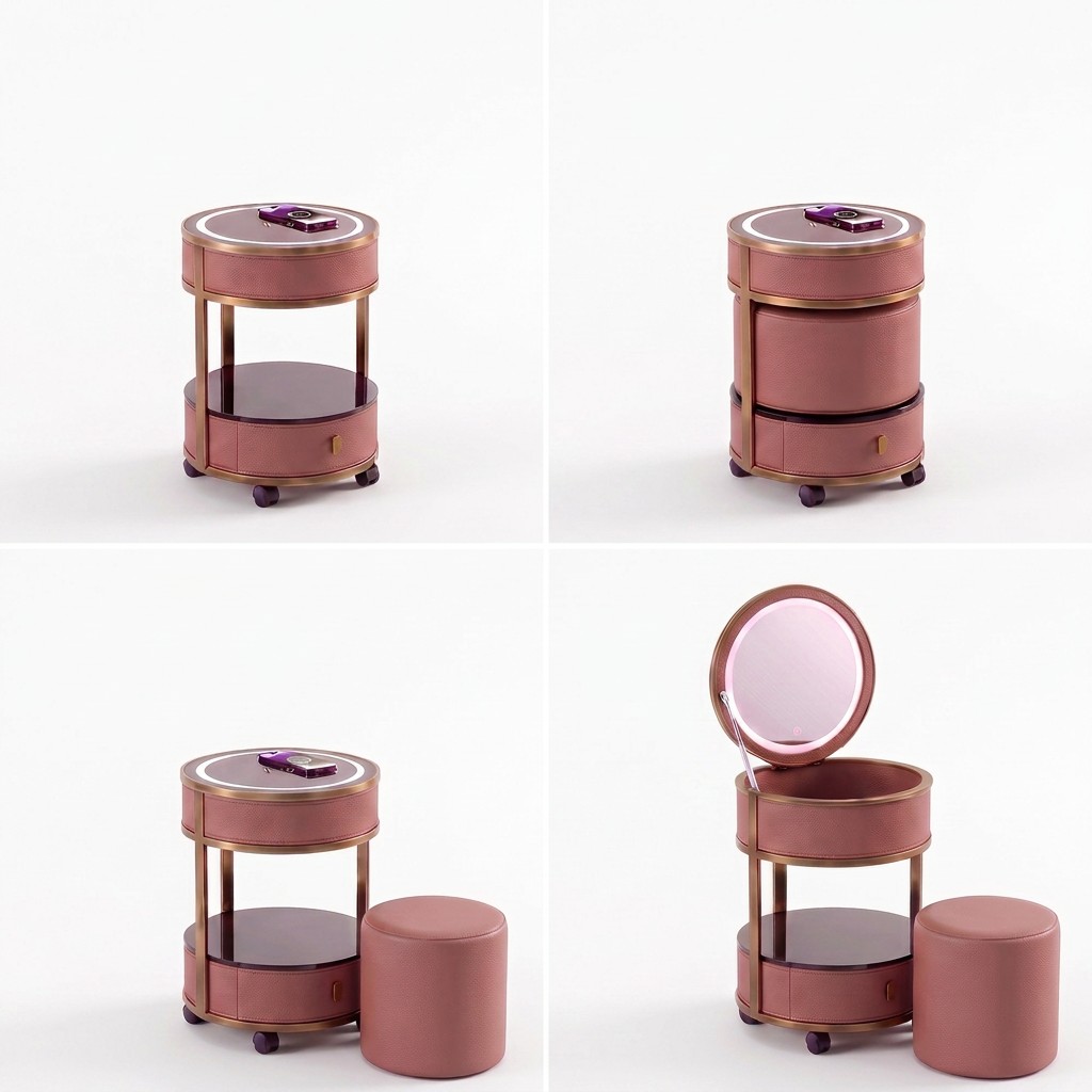 Jingshanbaisui Modern Apartment Hotel Bedroom Makeup Vanity Table LED 3-Color Lighted Mirror Wireless Charging Storage Drawers Universal Wheels