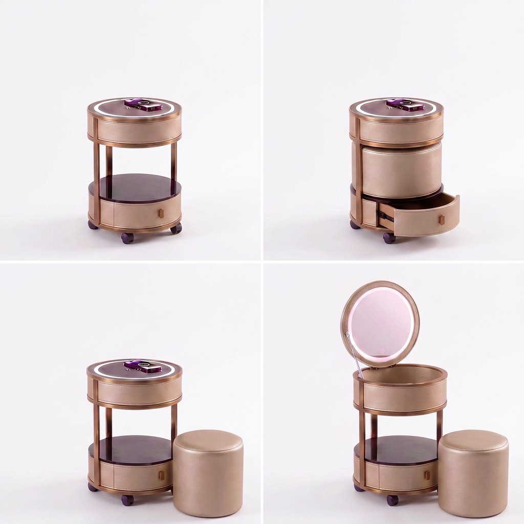 Jingshanbaisui Modern Apartment Hotel Bedroom Makeup Vanity Table LED 3-Color Lighted Mirror Wireless Charging Storage Drawers Universal Wheels