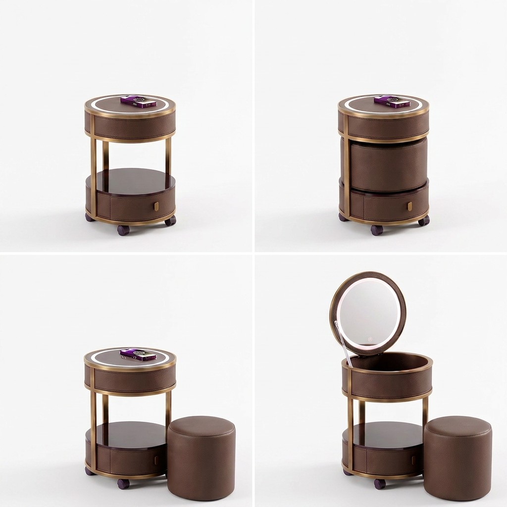Jingshanbaisui Modern Apartment Hotel Bedroom Makeup Vanity Table LED 3-Color Lighted Mirror Wireless Charging Storage Drawers Universal Wheels