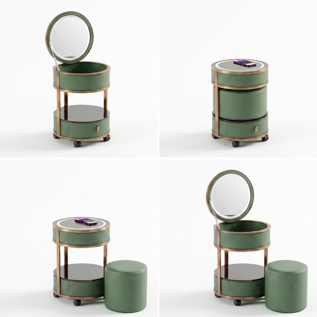 Jingshanbaisui Modern Apartment Hotel Bedroom Makeup Vanity Table LED 3-Color Lighted Mirror Wireless Charging Storage Drawers Universal Wheels