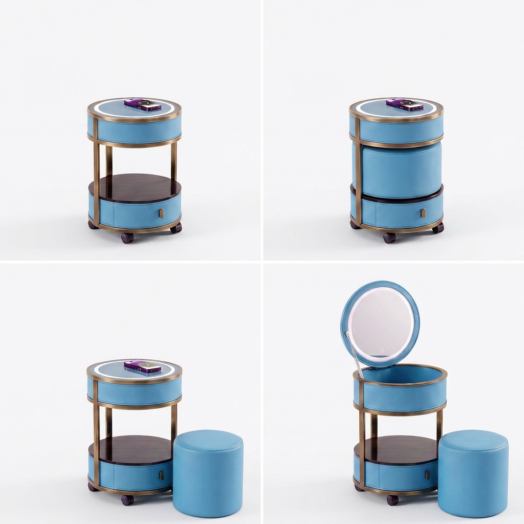 Jingshanbaisui Modern Apartment Hotel Bedroom Makeup Vanity Table LED 3-Color Lighted Mirror Wireless Charging Storage Drawers Universal Wheels