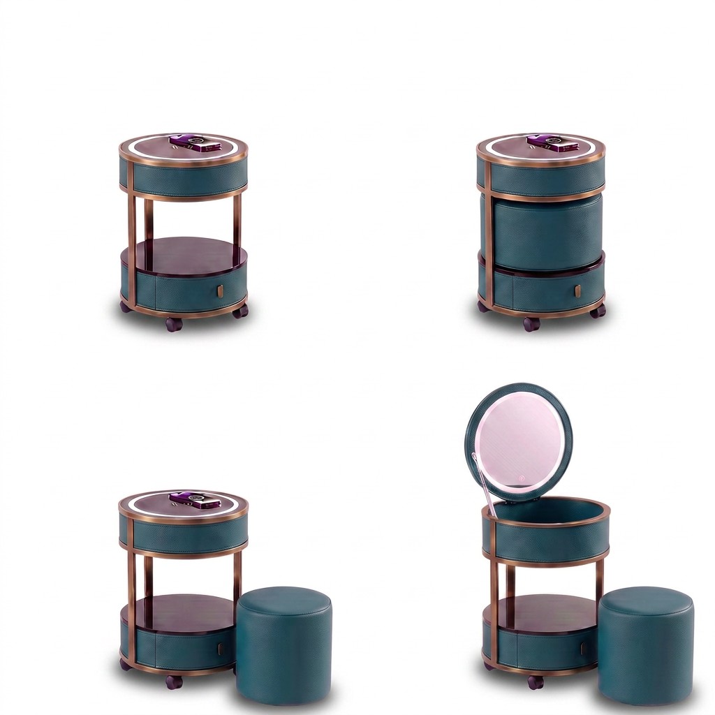 Jingshanbaisui Modern Apartment Hotel Bedroom Makeup Vanity Table LED 3-Color Lighted Mirror Wireless Charging Storage Drawers Universal Wheels