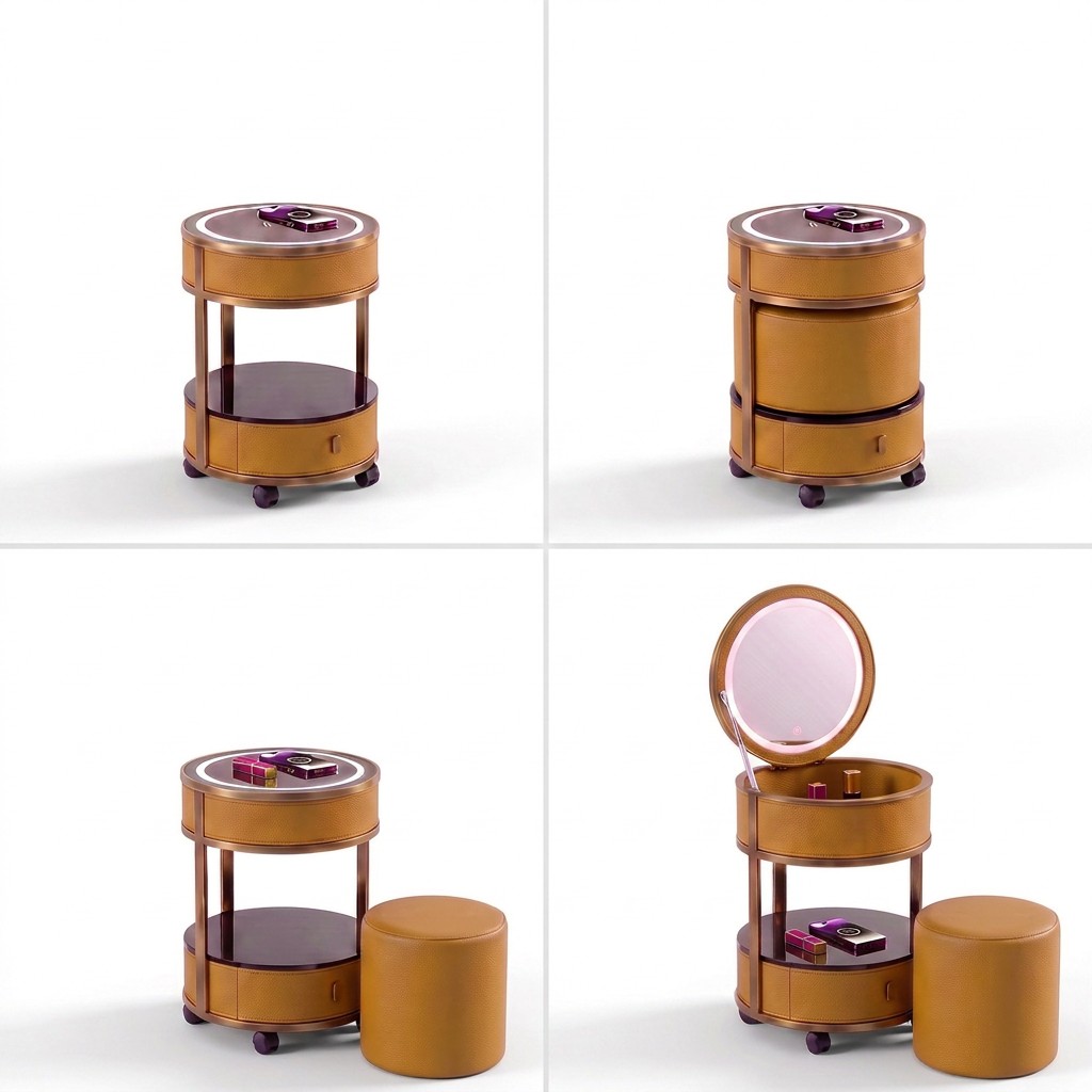 Jingshanbaisui Modern Apartment Hotel Bedroom Makeup Vanity Table LED 3-Color Lighted Mirror Wireless Charging Storage Drawers Universal Wheels