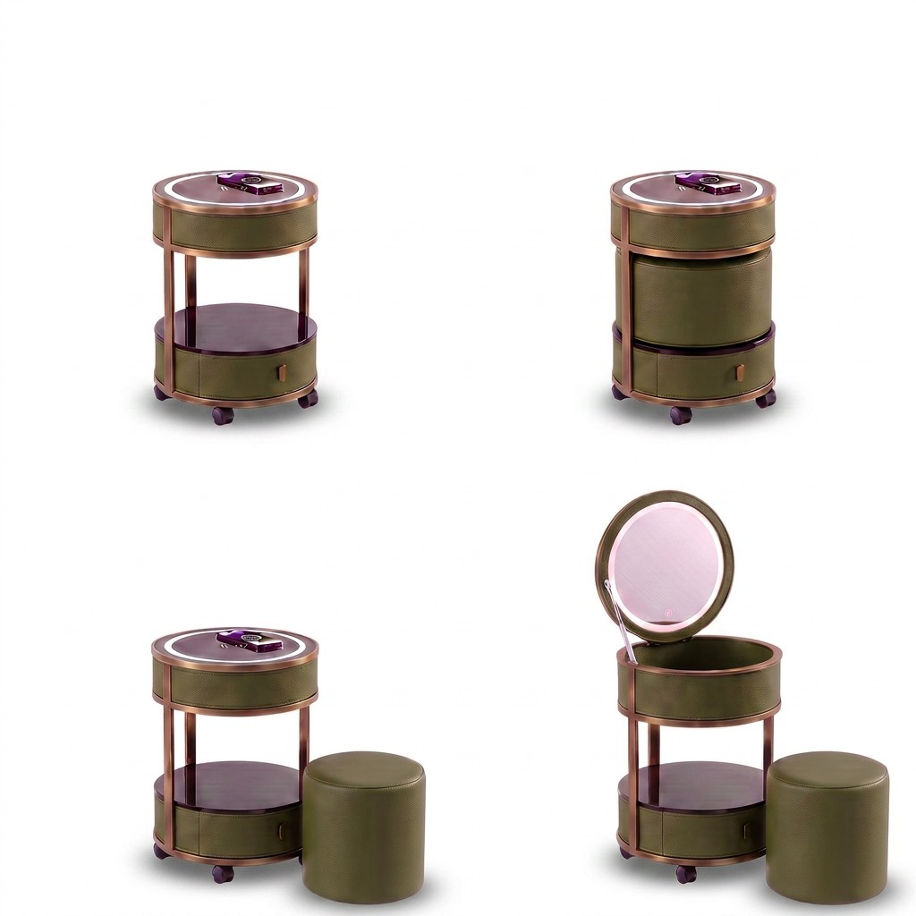 Jingshanbaisui Modern Apartment Hotel Bedroom Makeup Vanity Table LED 3-Color Lighted Mirror Wireless Charging Storage Drawers Universal Wheels