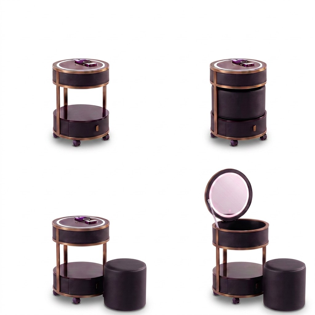 Jingshanbaisui Modern Apartment Hotel Bedroom Makeup Vanity Table LED 3-Color Lighted Mirror Wireless Charging Storage Drawers Universal Wheels
