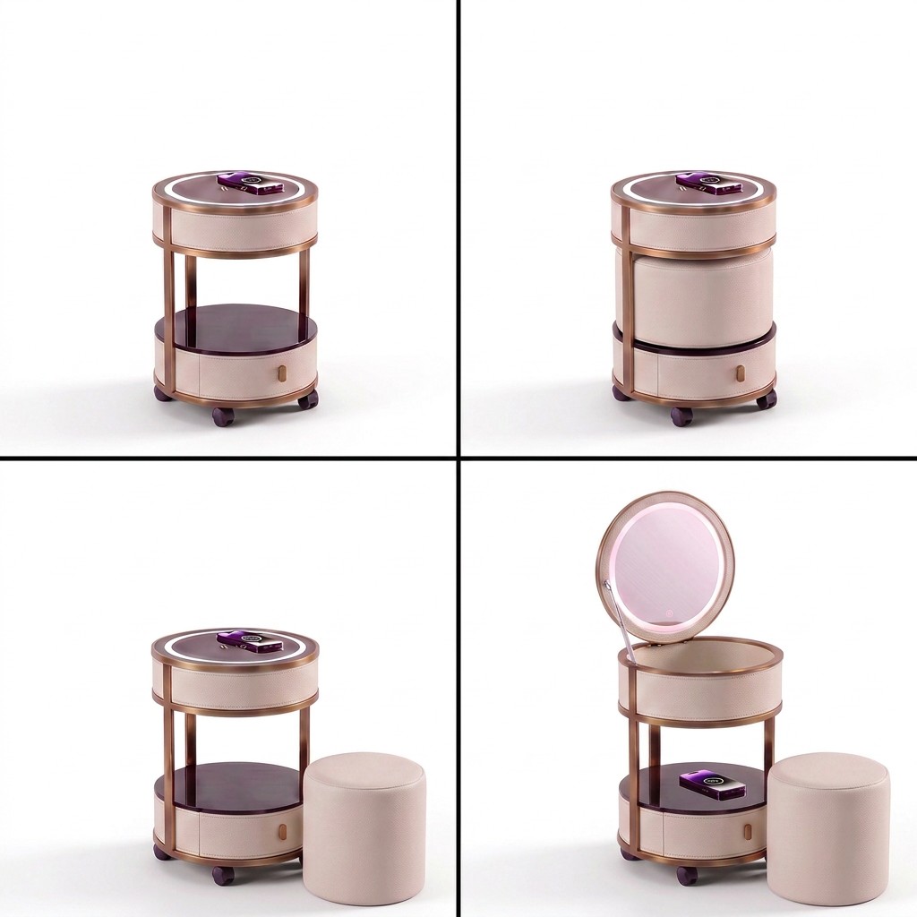 Jingshanbaisui Modern Apartment Hotel Bedroom Makeup Vanity Table LED 3-Color Lighted Mirror Wireless Charging Storage Drawers Universal Wheels