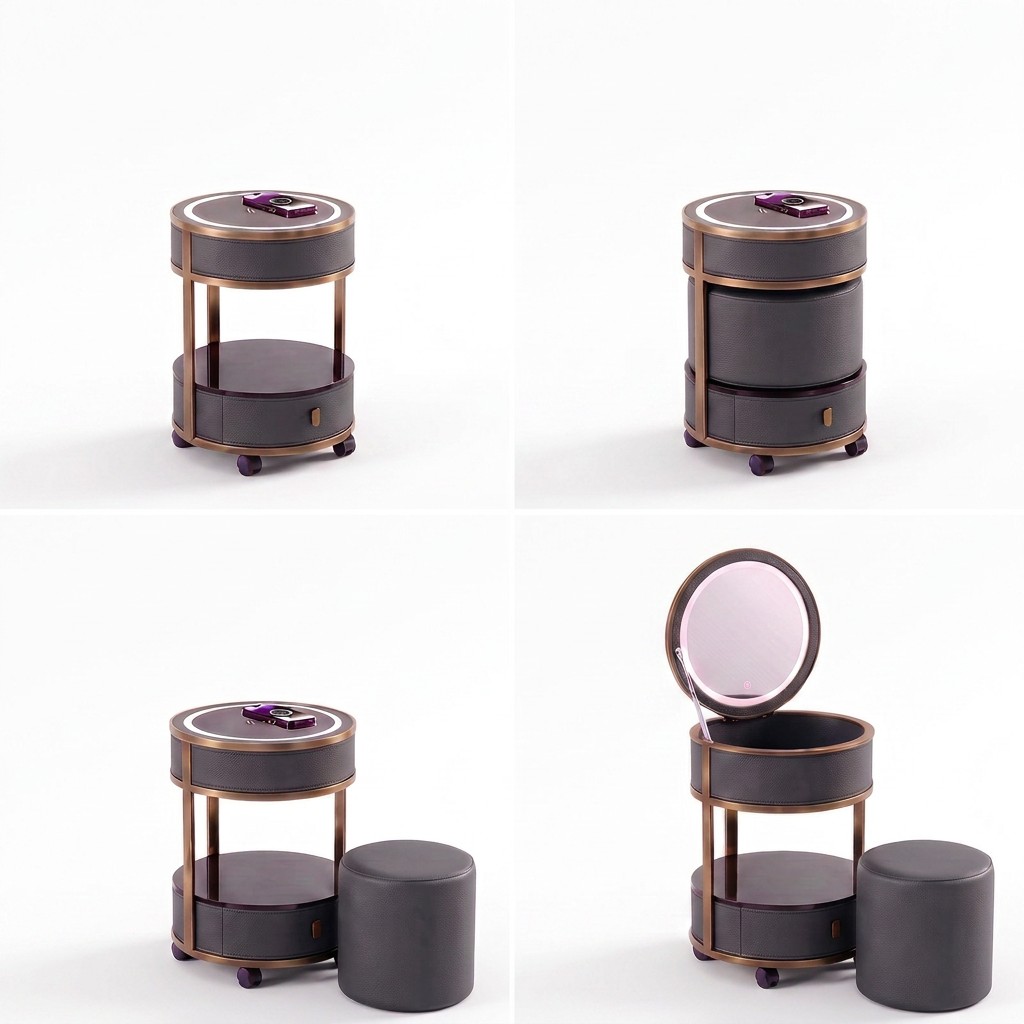 Jingshanbaisui Modern Apartment Hotel Bedroom Makeup Vanity Table LED 3-Color Lighted Mirror Wireless Charging Storage Drawers Universal Wheels