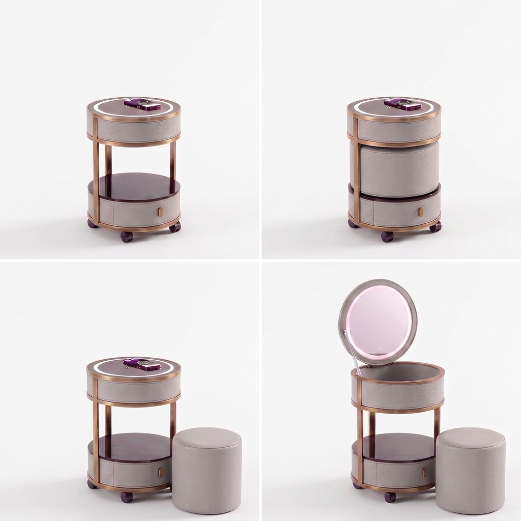 Jingshanbaisui Modern Apartment Hotel Bedroom Makeup Vanity Table LED 3-Color Lighted Mirror Wireless Charging Storage Drawers Universal Wheels