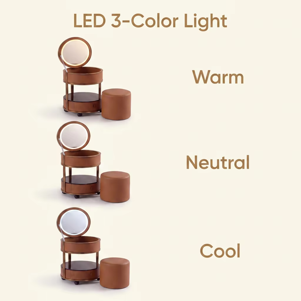 Jingshanbaisui Modern Apartment Hotel Bedroom Makeup Vanity Table LED 3-Color Lighted Mirror Wireless Charging Storage Drawers Universal Wheels