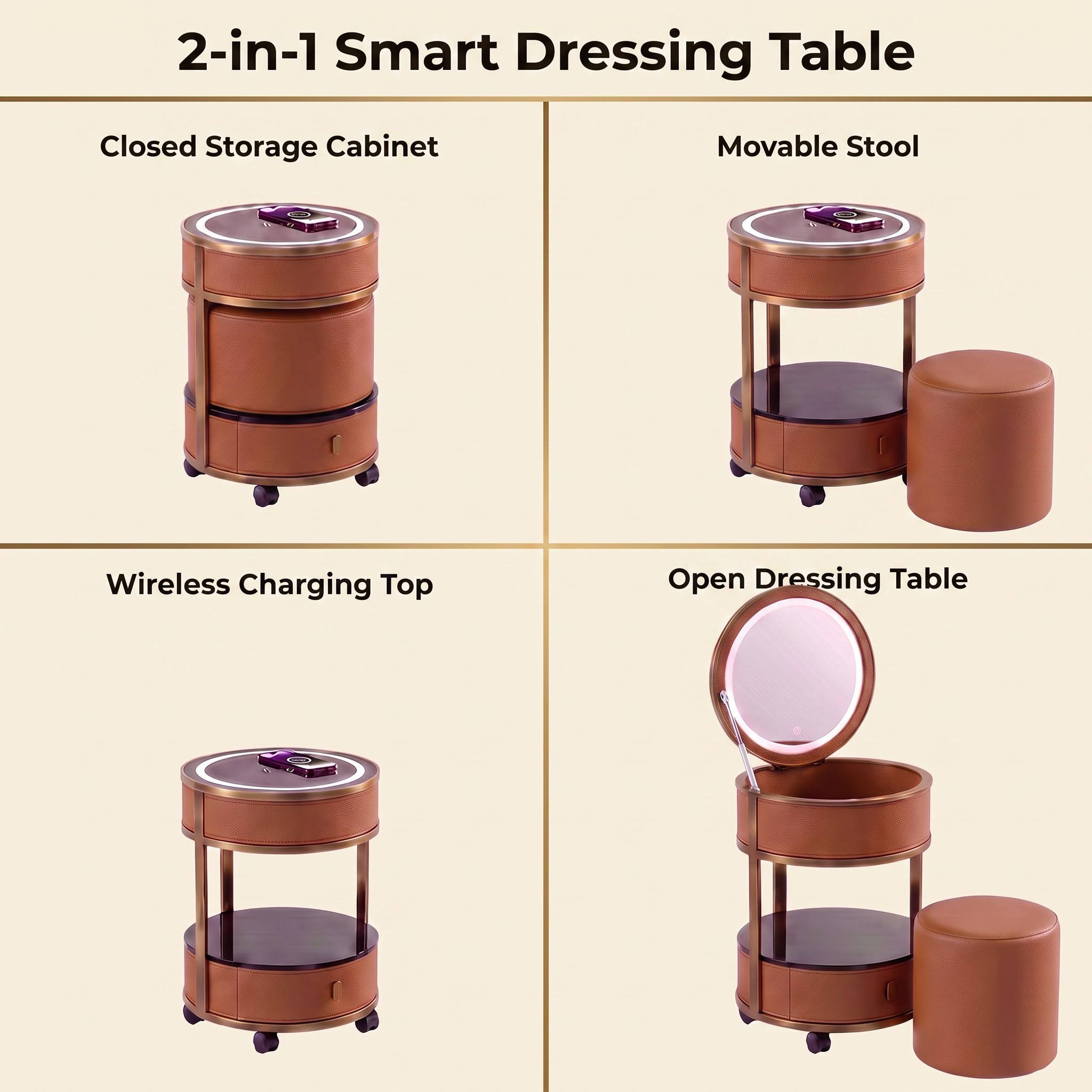 Jingshanbaisui Modern Apartment Hotel Bedroom Makeup Vanity Table LED 3-Color Lighted Mirror Wireless Charging Storage Drawers Universal Wheels