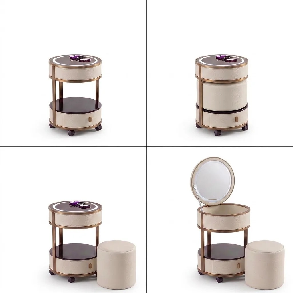 Jingshanbaisui Compact Circular Smart Vanity Table with Flip-top LED Mirror