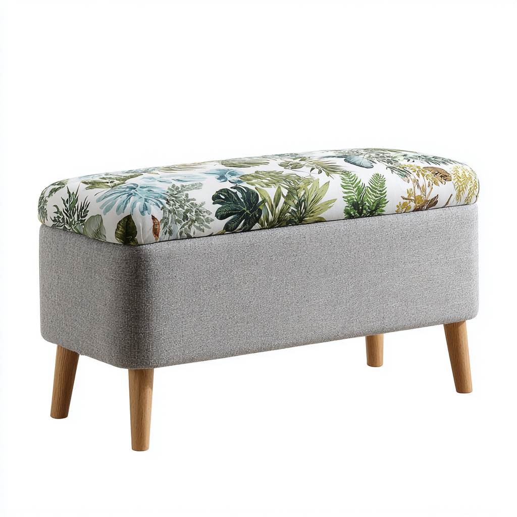 Pouf rembourré tissu 80x40x45 cm - gris clair et motif végétal - repose-pieds décoratif moderne-Gazensahome