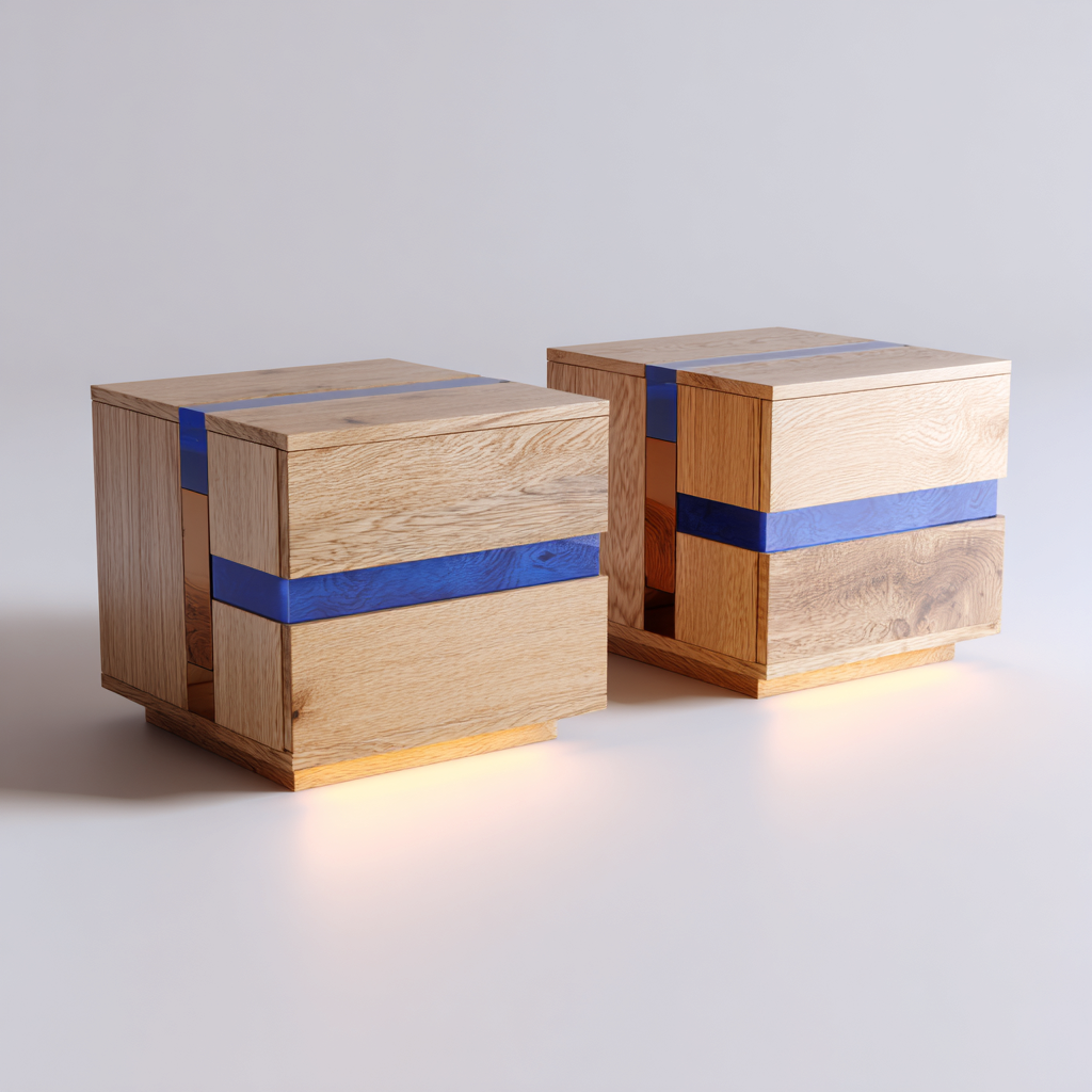 Table de chevet bois 40x40x45 cm - marron-bleu - design moderne-Gazensahome