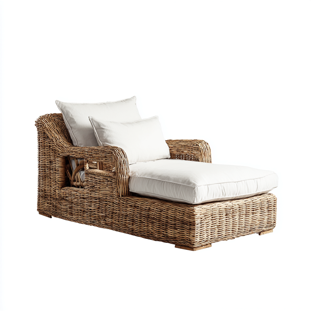 Transat en rotin tressé et tissu 185x80x75 cm - naturel-blanc - chaise longue pour extérieur - style naturel-Gazensahome