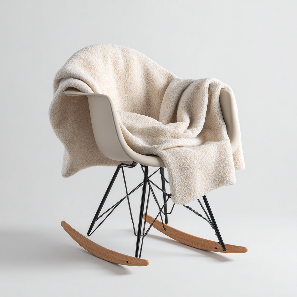 Fauteuil à bascule avec coque ergonomique et plaid en tissu bouclé 70x85x90 cm - écru - style nordique pour salon et coin détente-Gazensahome