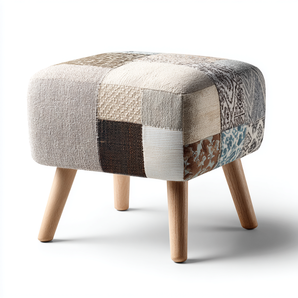 Pouf en tissu patchwork et bois massif 45x45x40 cm - beige et marron - style scandinave pour salon et chambre-Gazensahome
