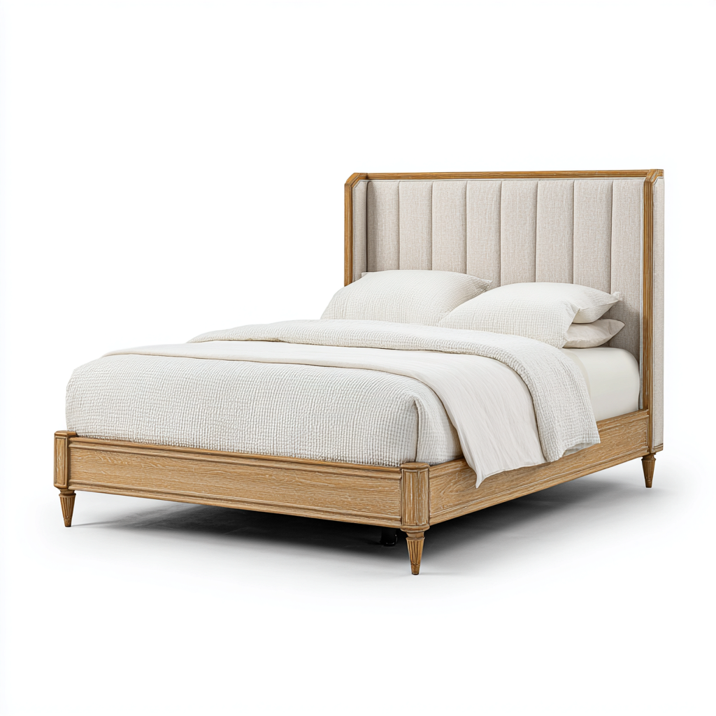 Lit double en bois et tissu 200x180x120 cm - beige-bois clair - lit pour chambre - style élégant-Gazensahome